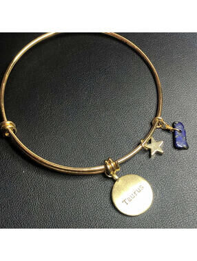 3674 Gold tone TAURUS zodiac sign CZ Lapis star bangle Bracelet adjustable